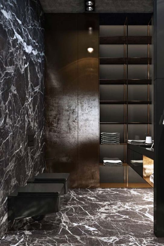 Banheiro com mármore preto no piso e nas paredes